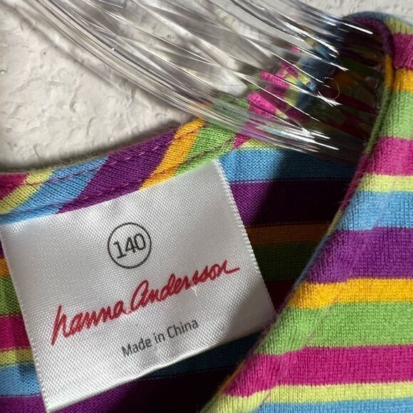 Hanna Anderson Girls Rainbow Stripe Cotton Dress Pleated Quarter Sleeve 140CM - Picture 2 of 7